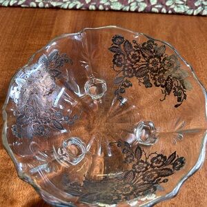 Vintage floral silver overlay 3-footed serving dish